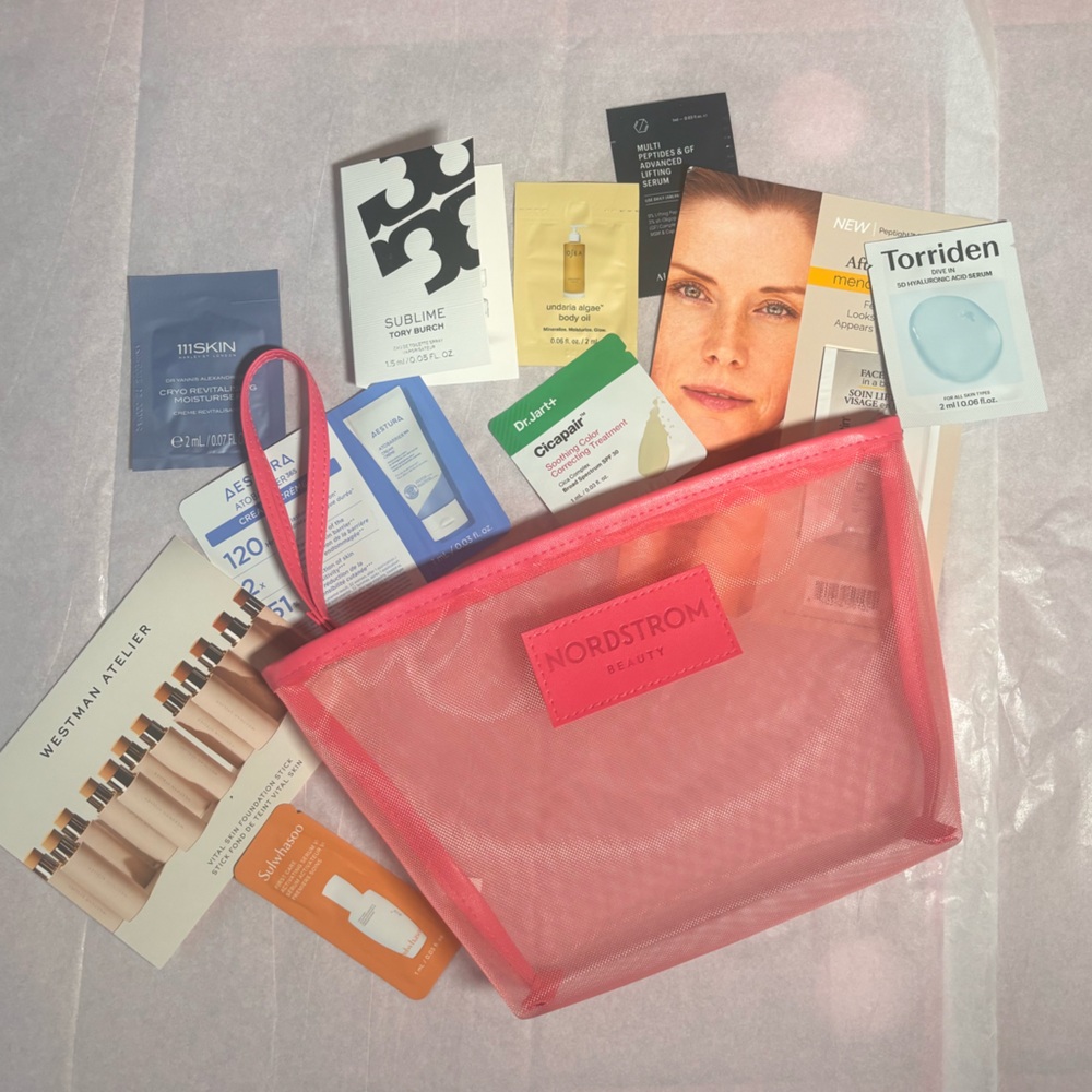 Pink Nordstrom make up bag & 10 High end skincare / makeup samples bundle